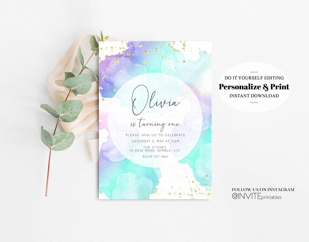 Pastel Rainbow Birthday Invitation Aqua Blue Purple Colorful Watercolor Splash Ombre Ink Paint Gold Glitter Custom Printable Invite