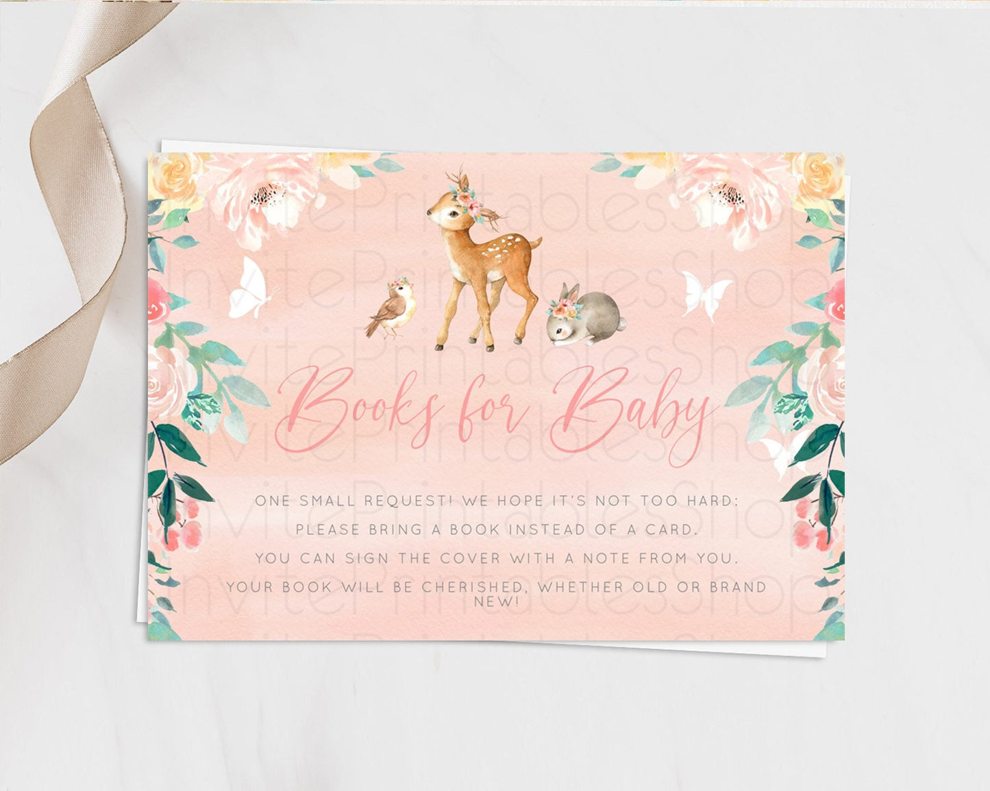 Fawn Books For Baby Card Deer Book Insert Floral Deer Book Card Enchanted Forest Butterfly Pastel Baby Shower Book Poem Request D10921