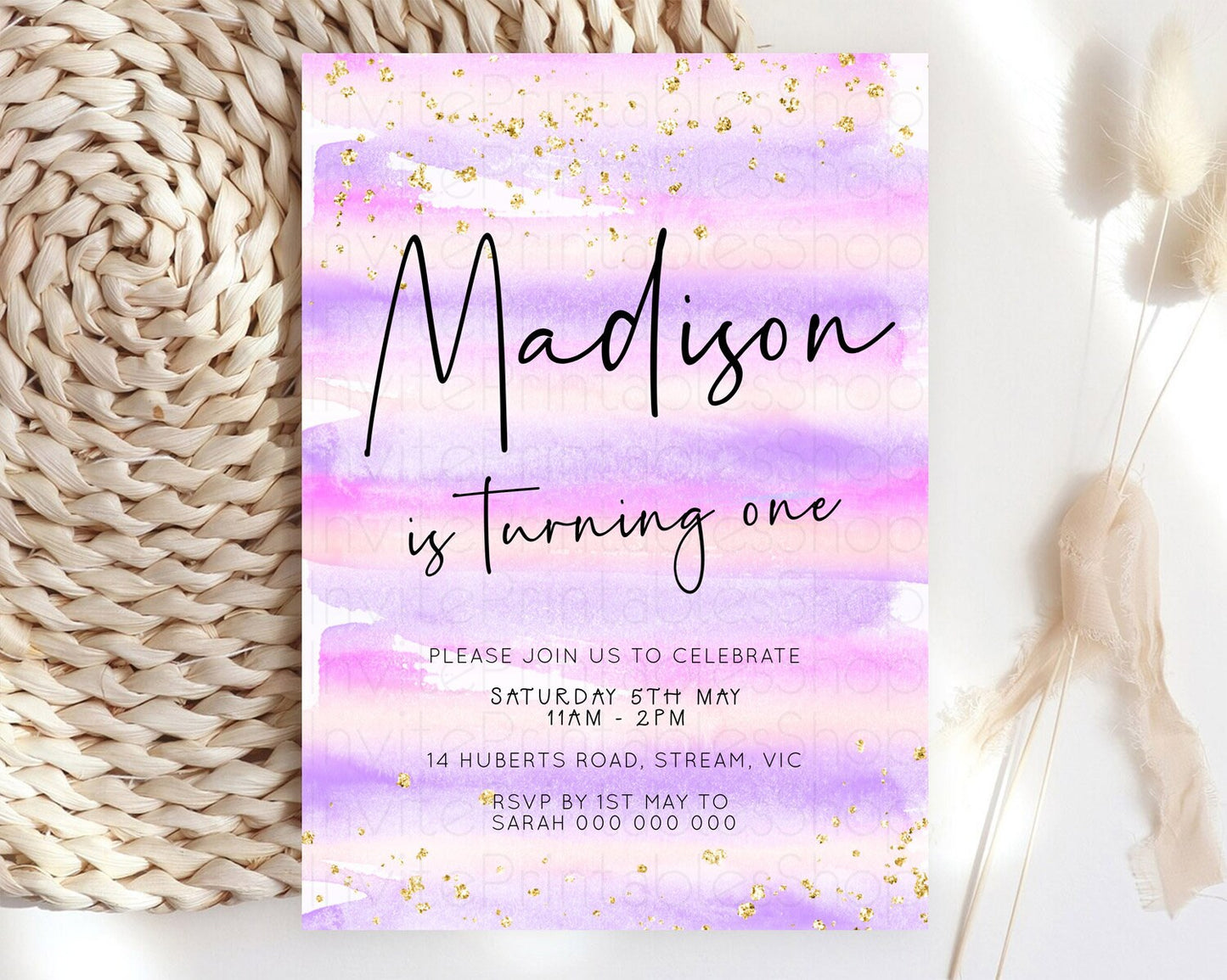 Pink Birthday Invitation pink Watercolor Invitation Pastel pink Watercolor Invitation pink Splash Gold Invitation 1st First Birthday D23035