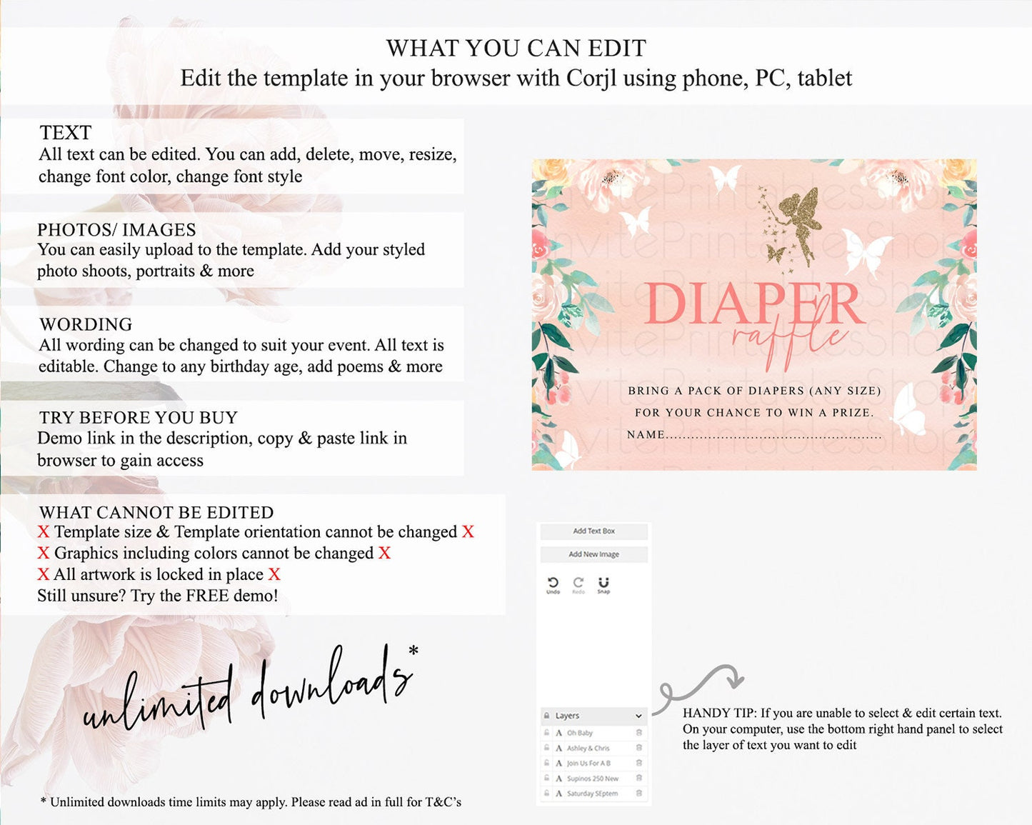 Fairy Diaper Raffle Card Fairy Diaper Insert Enchanted Garden Fairy Diaper Ticket Pastel Floral Butterfly Secret Garden Raffle Game D10792