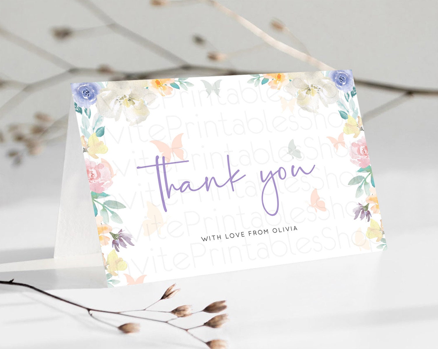 Editable Secret Garden Thank You Wildflower Thank You Card Pastel Flower Gar