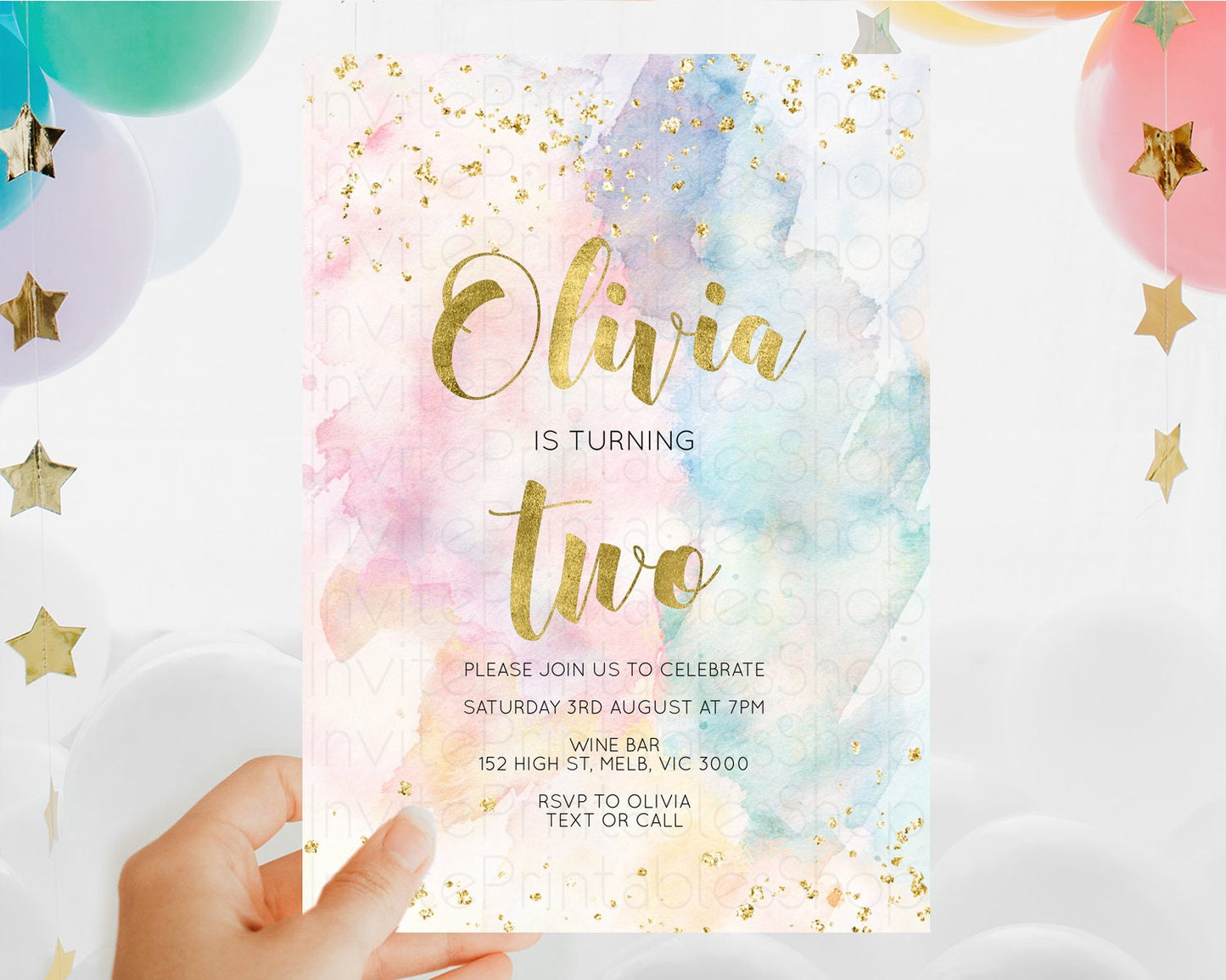 Rainbow Birthday Invitation Colorful Pastel Watercolor Invitation Gold Glitter Sprinkles Ombre Pastel 1st 2nd 3rd Birthday D10265