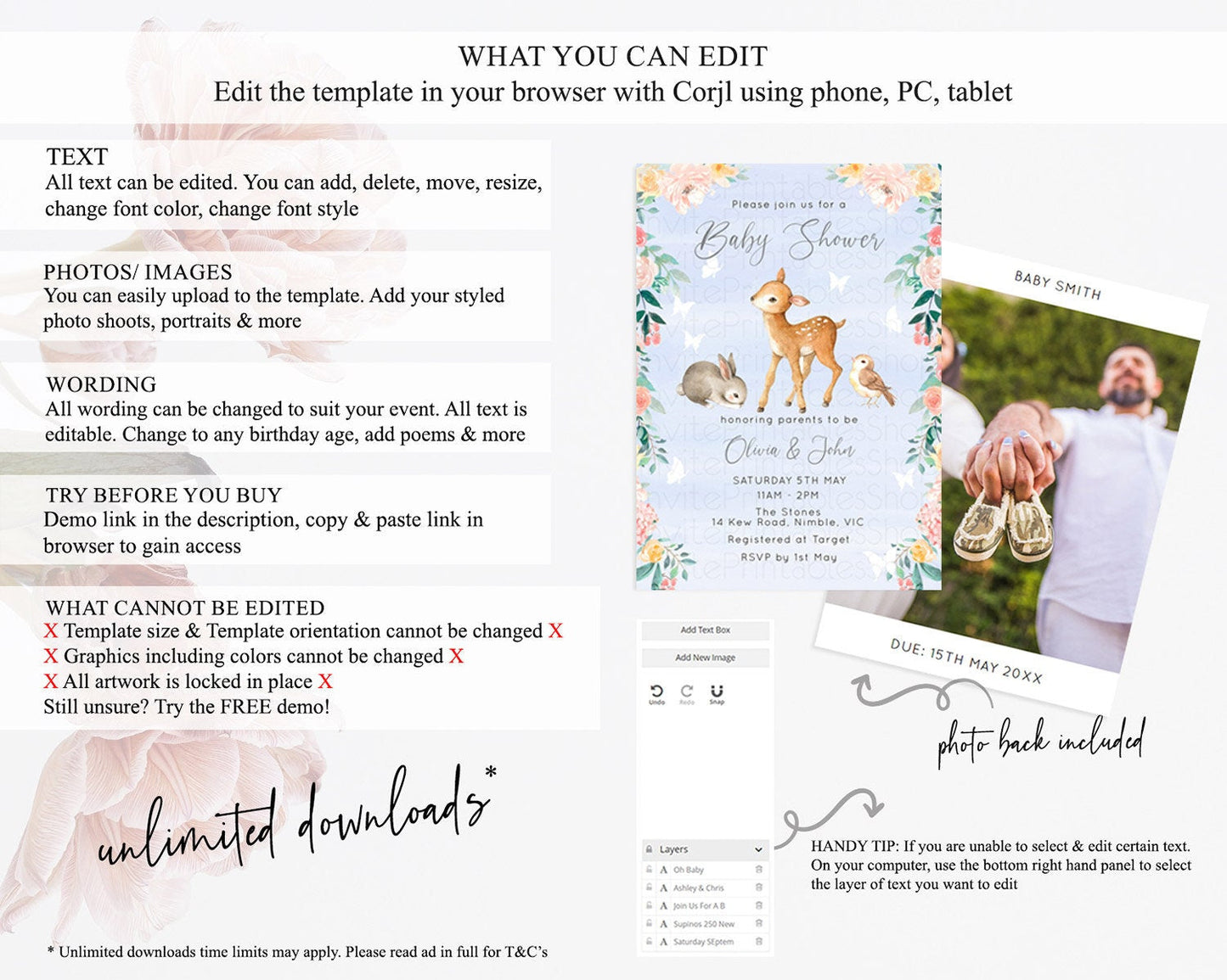 Deer Baby Shower Invitation, Whimsical Enchanted Forest Fawn and Butterflies, Soft Pastel Watercolor Blue, Pink Green Floral Accents D10920