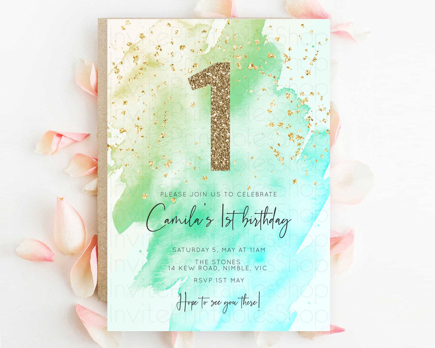 Green Birthday Invitation green Watercolor Invitation Pastel green Watercolor Invitation green Splash Gold Invitation First Birthday D10170