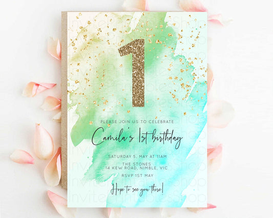 Green Birthday Invitation green Watercolor Invitation Pastel green Watercolor Invitation green Splash Gold Invitation First Birthday D10170