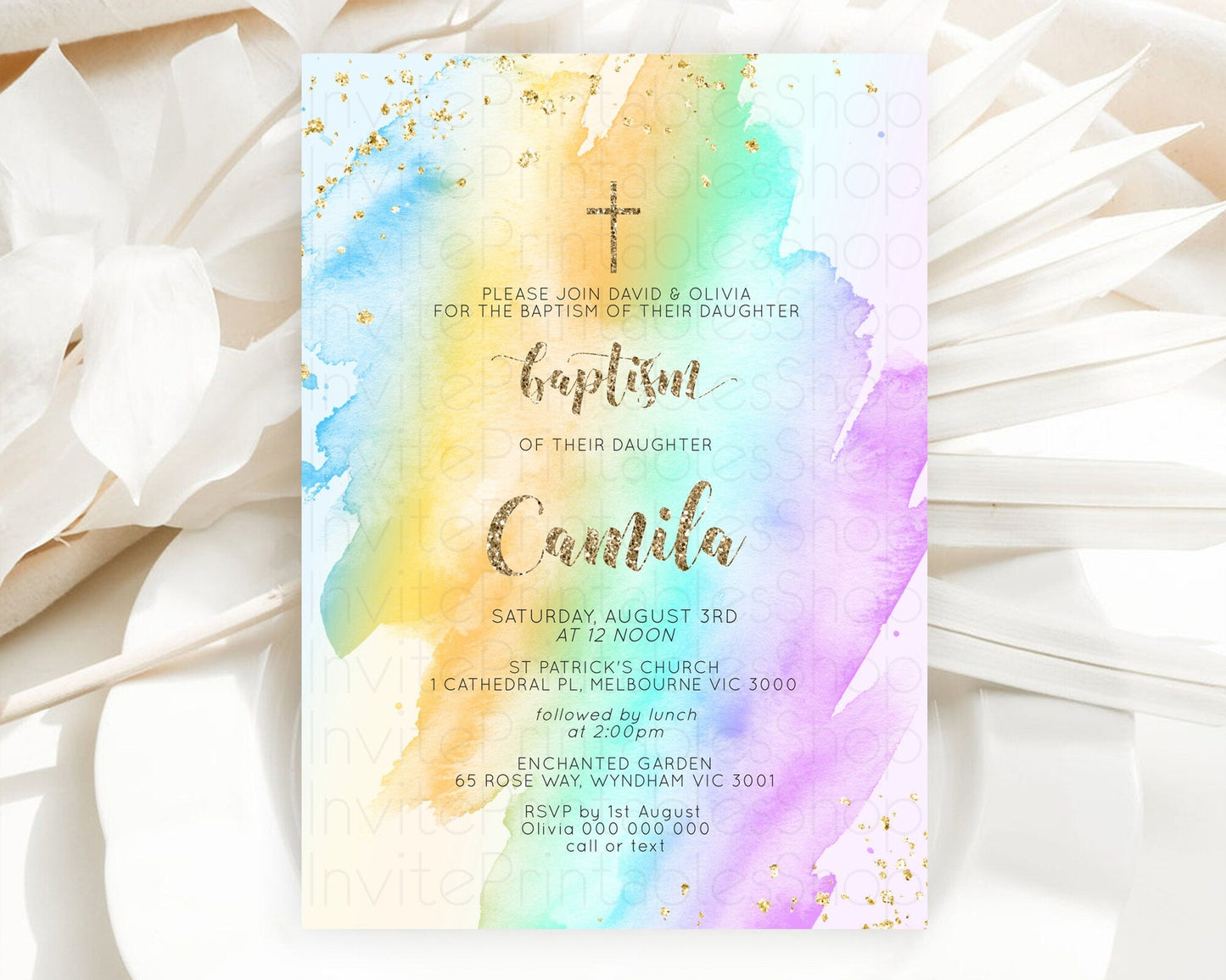 Pastel Baptism Invitation Pastel Colors Watercolor Baptism 1st Birthday Party Gold Ombre Pastel Rainbow Christening Holy Communion D10426