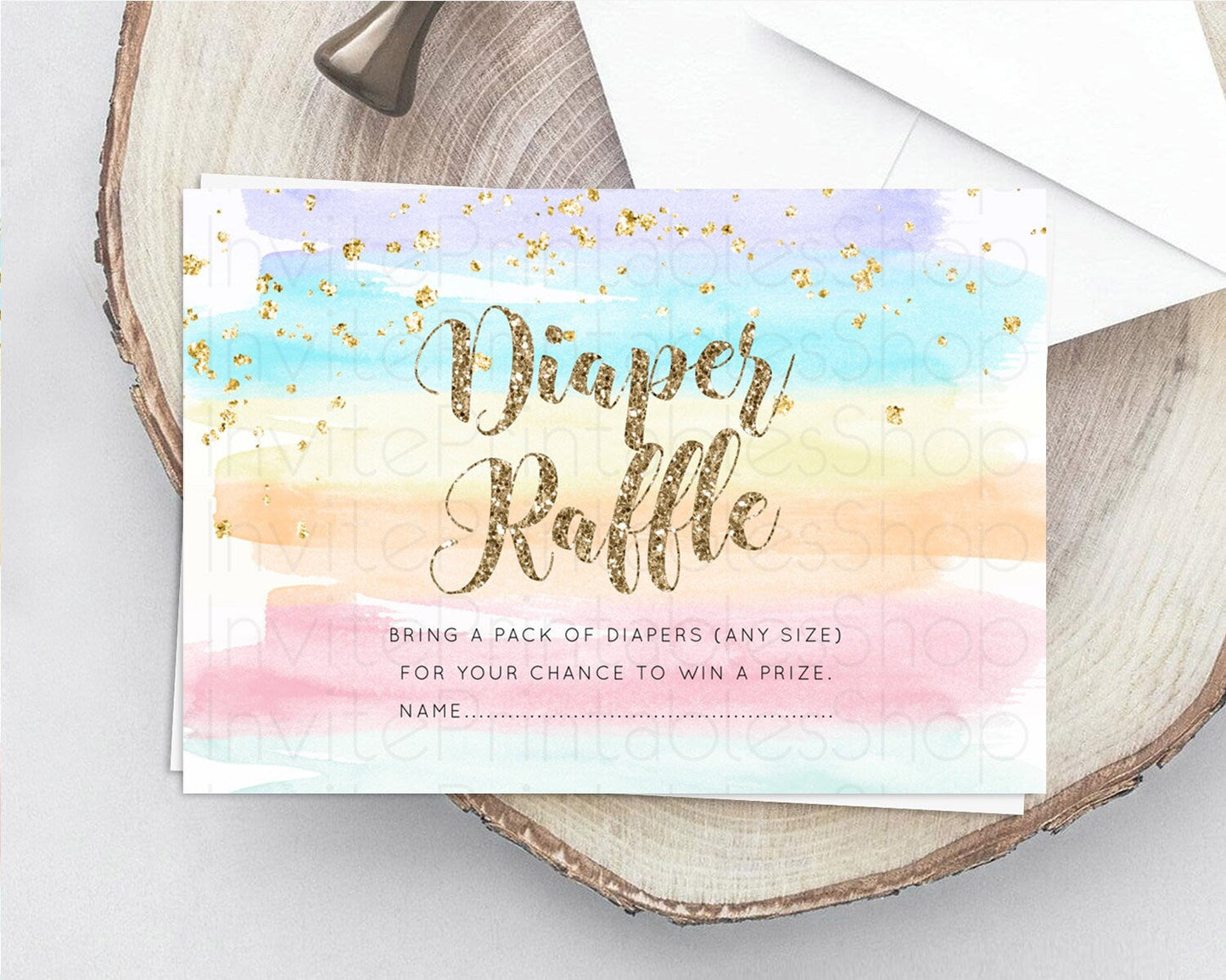 Pastel Diaper Raffle Card Pastel Rainbow Diaper Raffle Insert Colorful Ombre Watercolor Diaper Ticket Confetti Glitter Raffle Game D10508
