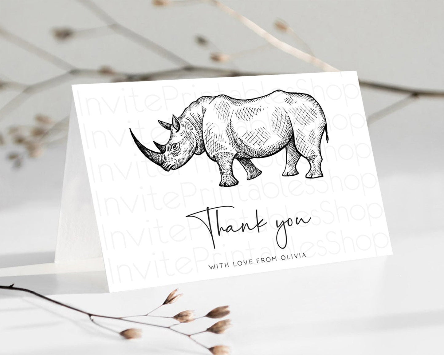 Editable Rhino Thank You Rhino Thank You Card Rhino Birthday Thank You Card