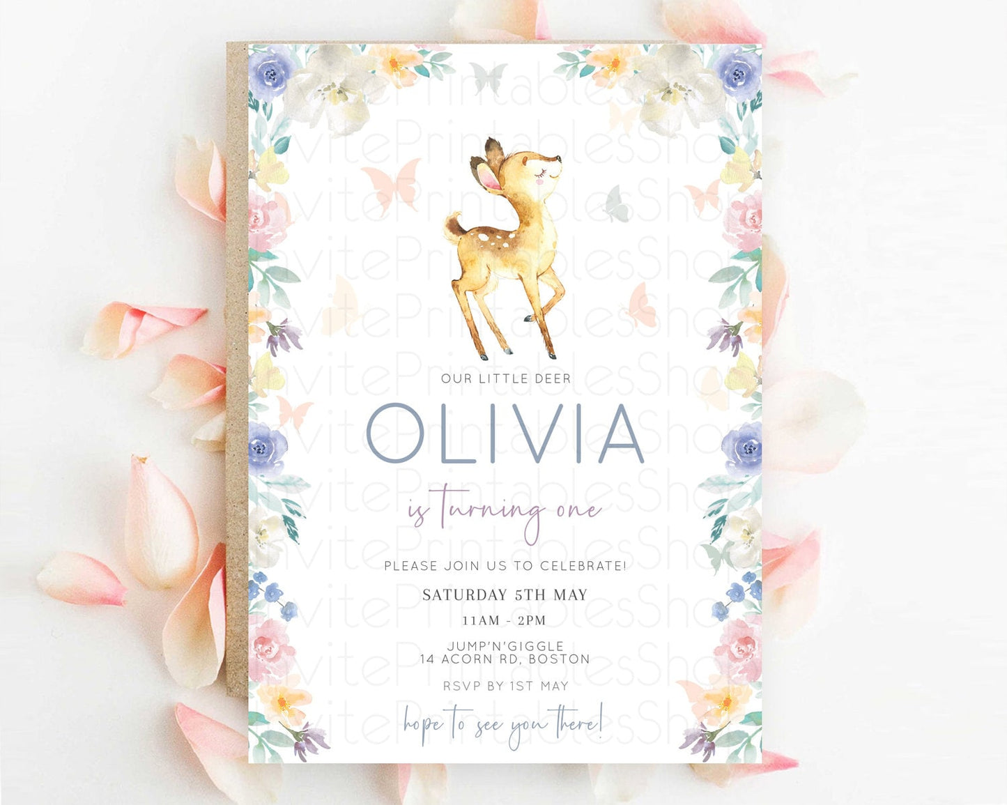 Fawn Birthday Invitation Deer Birthday Invitation Enchanted Forest Party Butterfly Pastel Flowers Whimsical 2nd 1st First Birthday D11035