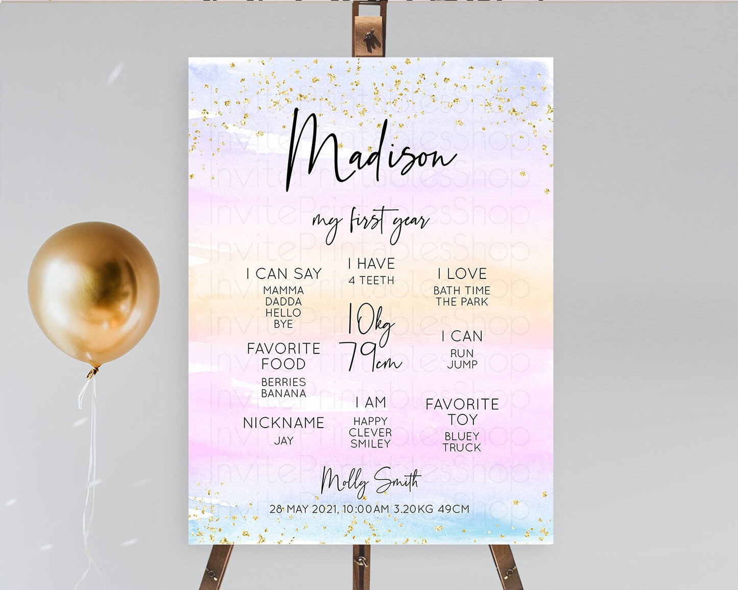 Pastel First Birthday Milestone Board Pastel Rainbow Milestone Poster Colorful Confetti Watercolor Glitter 1st Birthday Welcome Sign D10594