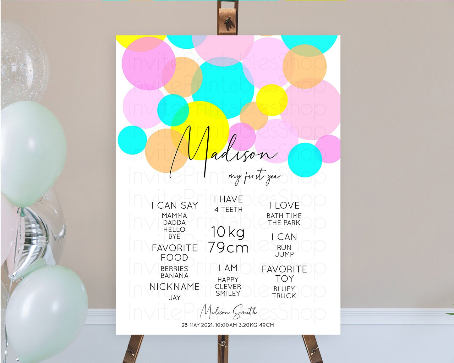 Editable Pastel First Birthday Milestone Poster Pastel Rainbow Confetti Firs