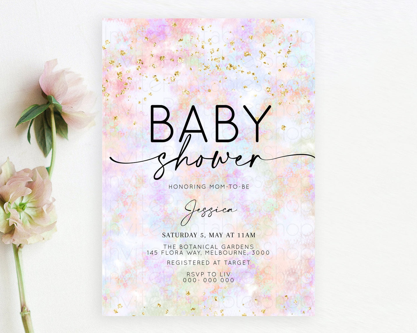 Pastel Baby Shower Invitation Rainbow Baby Shower Invitation Colorful Pastel Watercolor Invitation Gold Glitter Sprinkles Ombre D10649