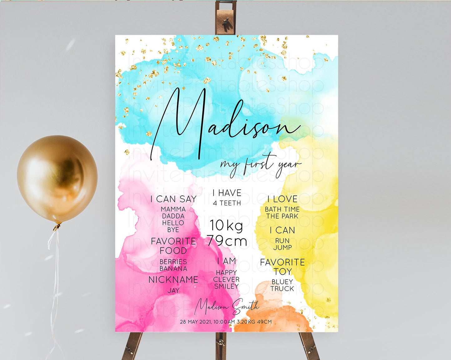 Pastel First Birthday Milestone Board Pastel Rainbow Milestone Poster Colorful Confetti Watercolor Glitter 1st Birthday Welcome Sign D10898