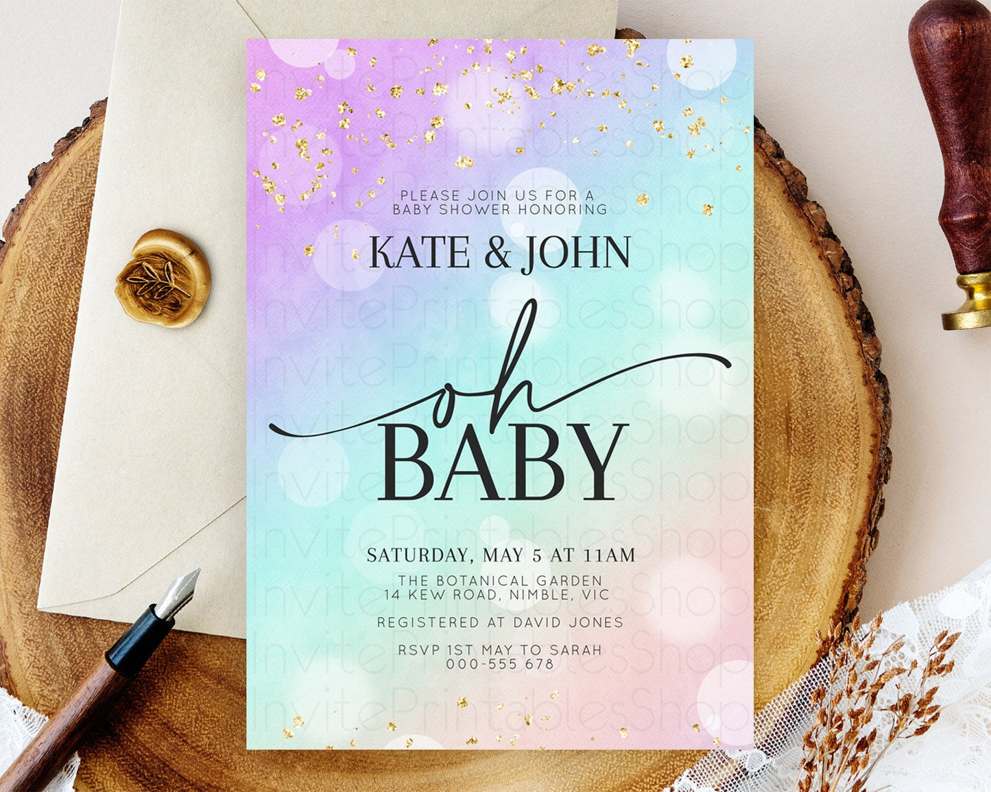 Pastel Baby Shower Invitation Rainbow Baby Shower Invitation Colorful Pastel Watercolor Invitation Gold Glitter Sprinkles Ombre D10618