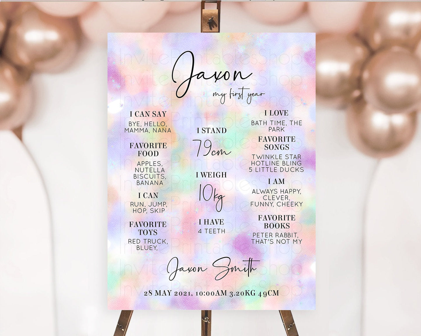 Pastel First Birthday Milestone Board Pastel Rainbow Milestone Poster Colorful Confetti Watercolor Glitter 1st Birthday Welcome Sign D10697