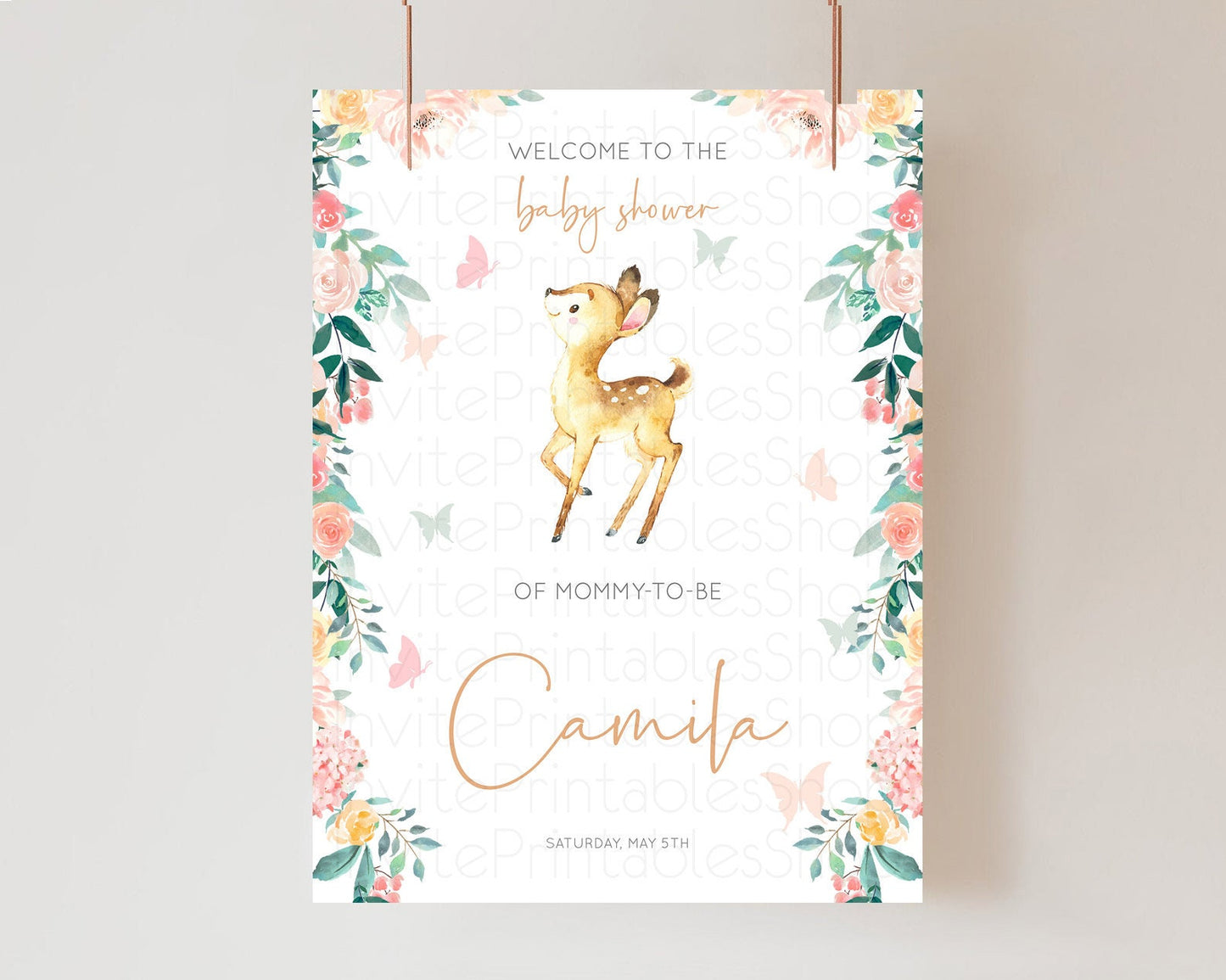 Fawn Baby Shower Welcome Sign Deer Welcome Board Floral Deer Welcome Poster Enchanted Forest Butterfly Pastel Floral Welcome Sign D10753