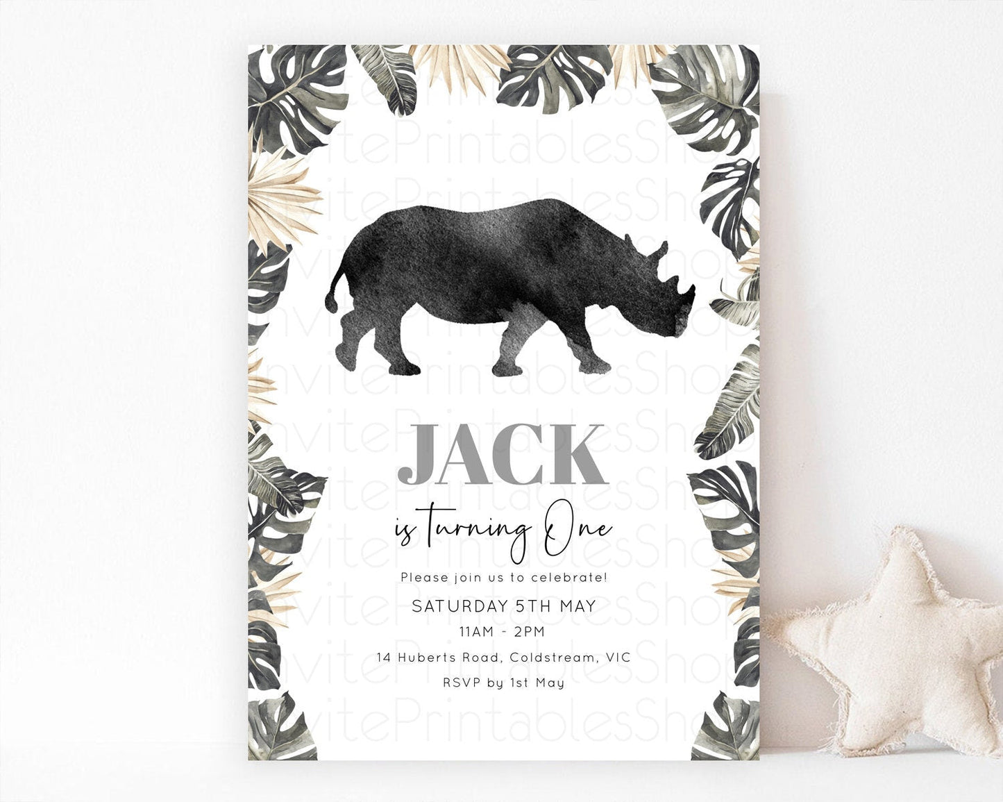 Rhino Birthday Invitation Rhino Invitation Rhino Birthday Rhino Safari Adventure Invite Rhino Palm Leaf Invite Zoo Party D10805