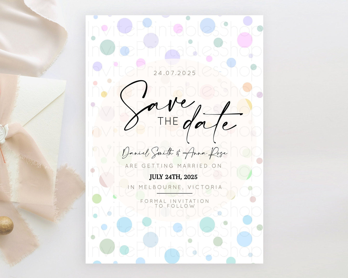 Pastel Confetti Save The Date Template Rainbow Colorful Sprinkles Party For 1st Birthday Baptism Baby Shower Wedding Bridal Shower D10135