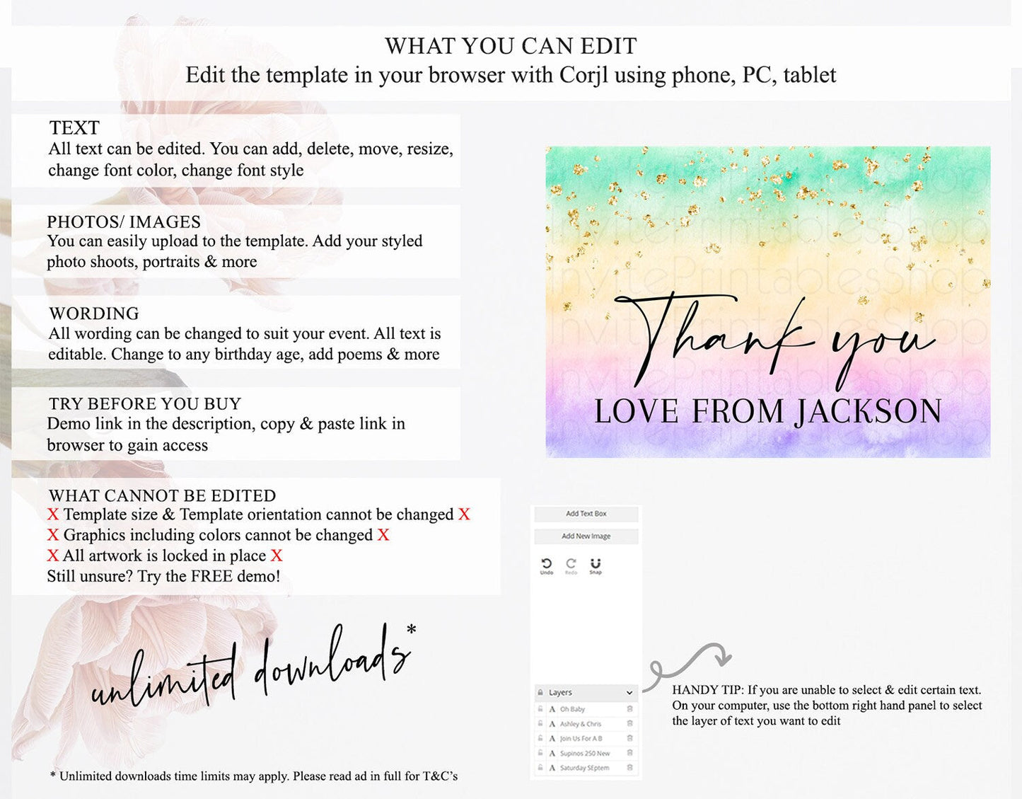 Pastel Thank You Rainbow Thank You Card Colorful Pastel Birthday Thank You Card Confetti Watercolor Pastel Teacher Thank You Cards D10481