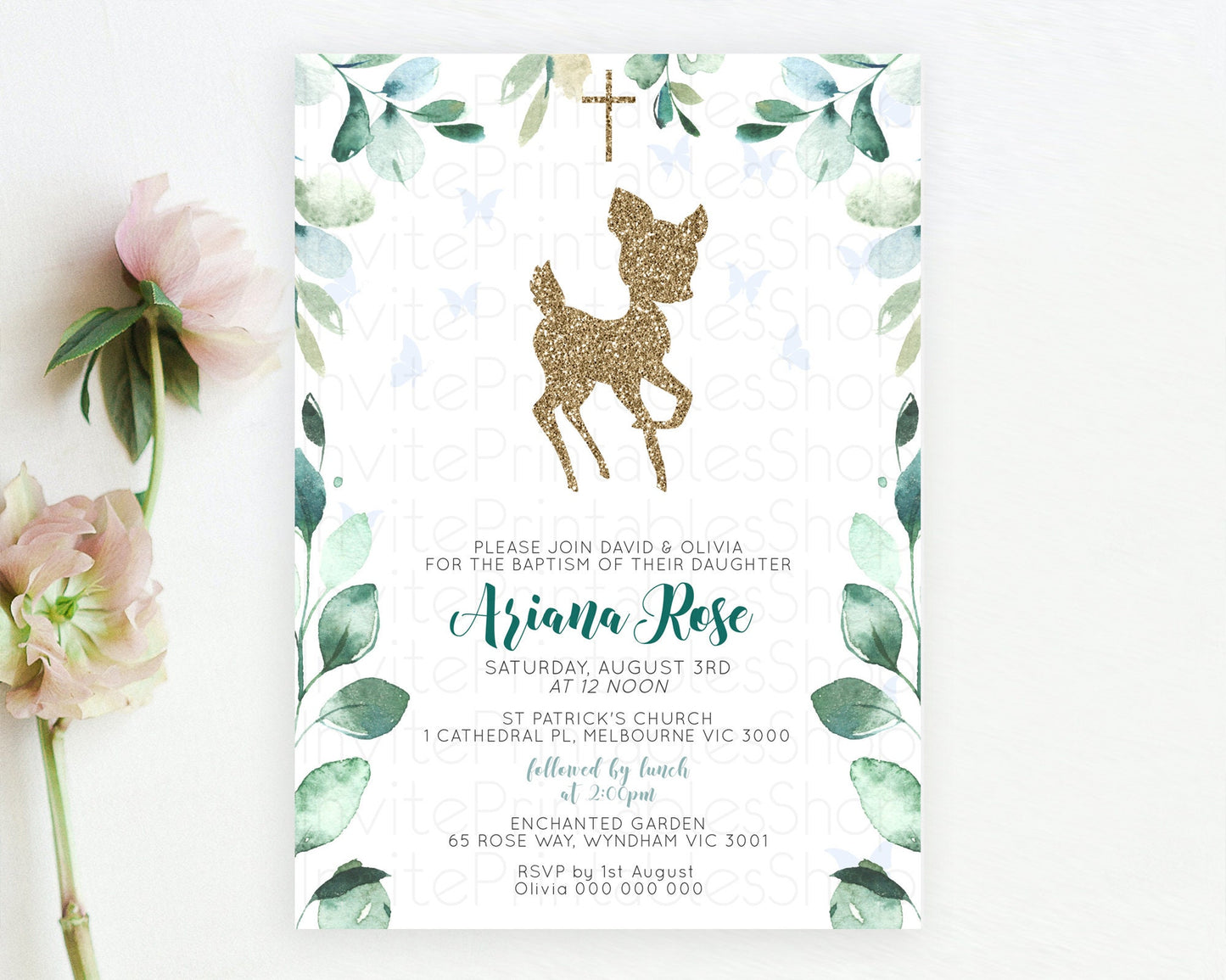 Fawn Baptism Invitation Deer Baptism 1st Birthday Invitation Enchanted Forest Christening Invitation Pastel Garden Butterfly Floral D10882