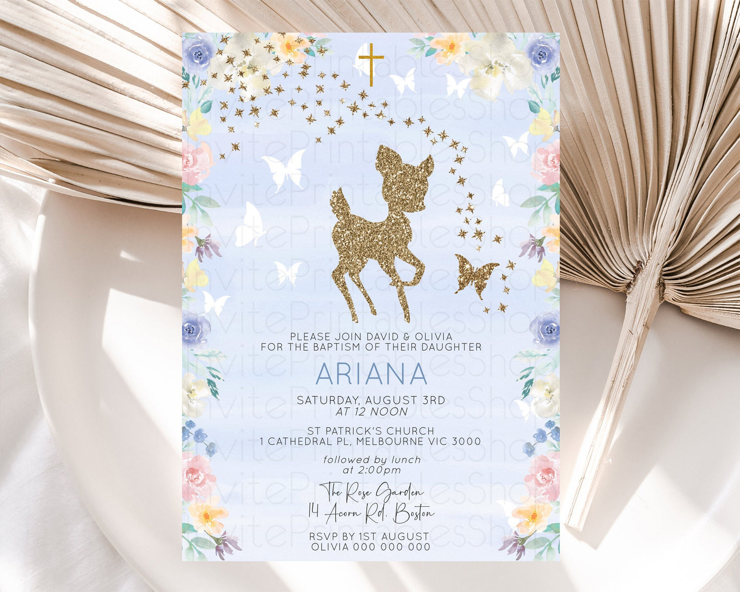 Fawn Baptism Invitation Deer Baptism 1st Birthday Invitation Enchanted Forest Christening Invitation Pastel Garden Butterfly Floral D10879