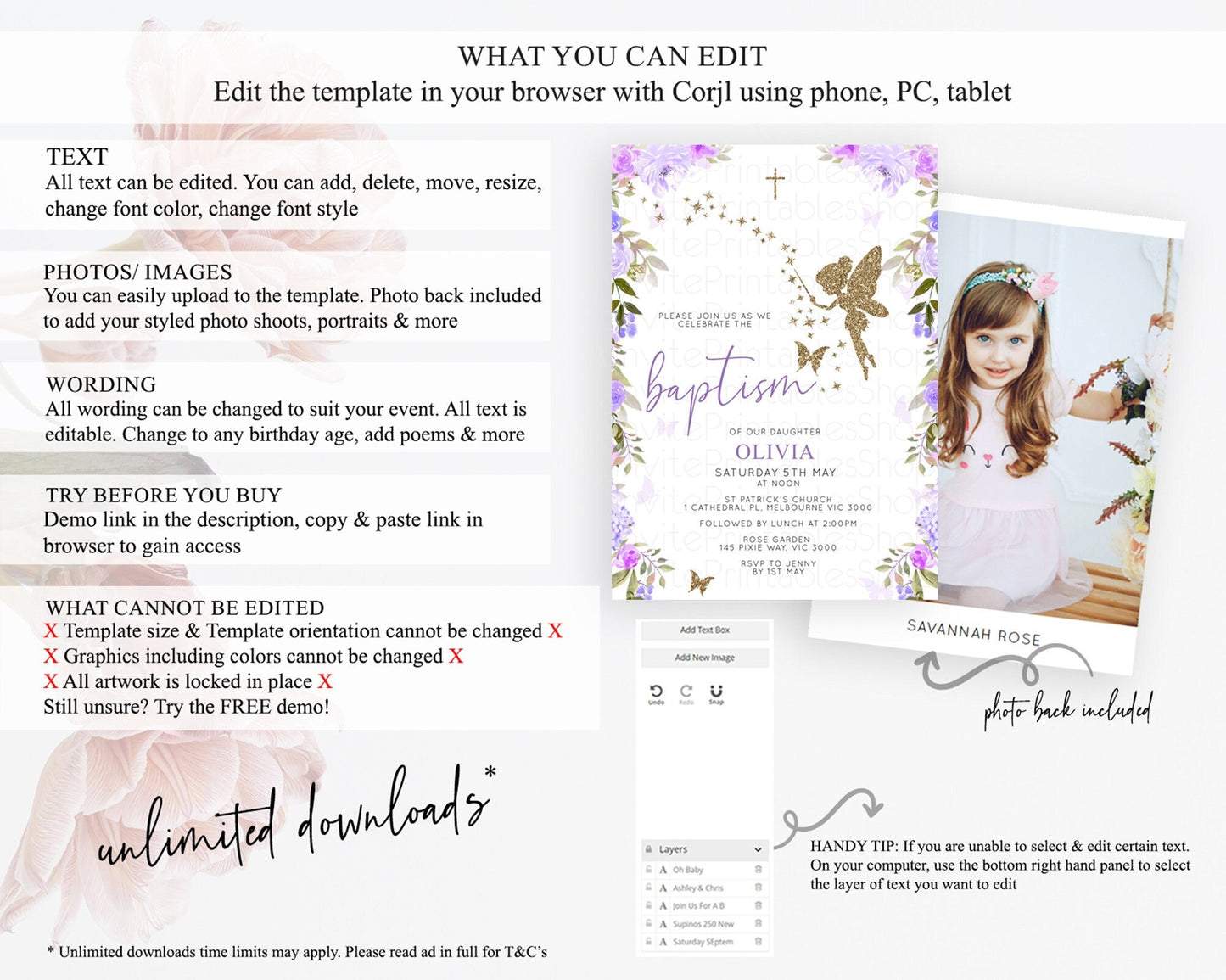 Fairy Baptism Invitation Fairy Baptism 1st Birthday Invitation Enchanted Secret Garden Christening Invite Pastel Floral Butterfly D10910