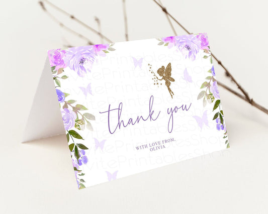 Editable Fairy Thank You Card Fold Gold Purple Floral Tent Garden Enchanted