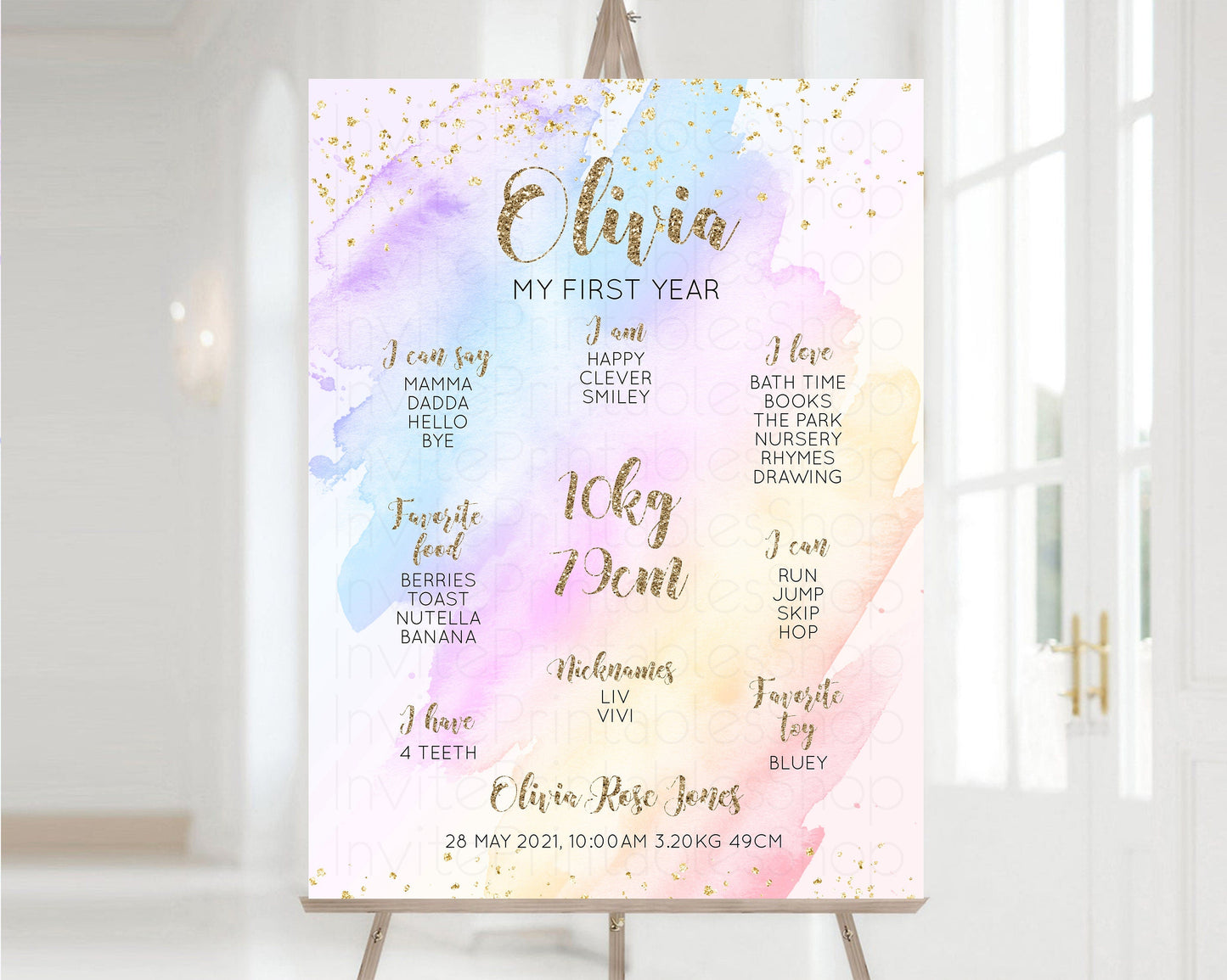 Pastel First Birthday Milestone Board Pastel Rainbow Milestone Poster Watercolor Glitter One Year Poster Colorful Splash Baby 1st Year g600
