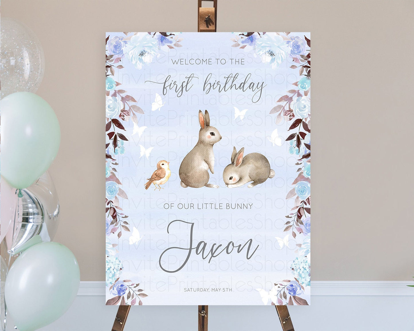 Bunny Welcome Sign Floral Bunny Welcome Board Pastel Flowers Woodland Bunny Welcome Poster Forest Bunny First Birthday Welcome Sign D10923