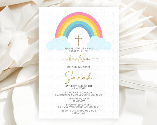 Editable Pastel Rainbow Baptism Invitation Boho Rainbow Baptism 1st Birthday