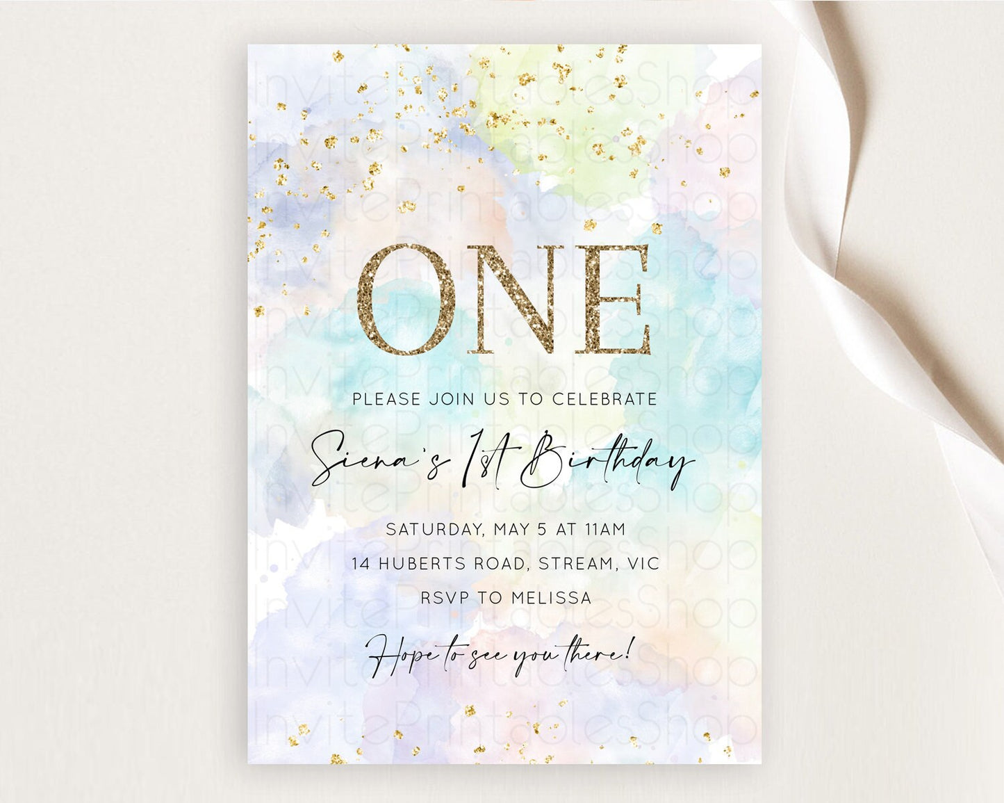 Rainbow Birthday Invitation Colorful Pastel Watercolor Invitation Gold Glitter Sprinkles Ombre Pastel 1st 2nd 3rd Birthday D10613