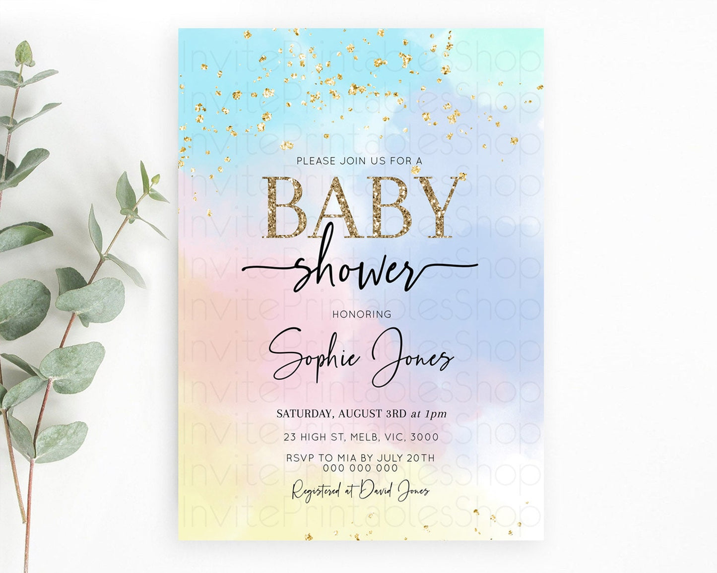 Pastel Baby Shower Invitation Rainbow Baby Shower Invitation Colorful Pastel Watercolor Invitation Gold Glitter Sprinkles Ombre D10368