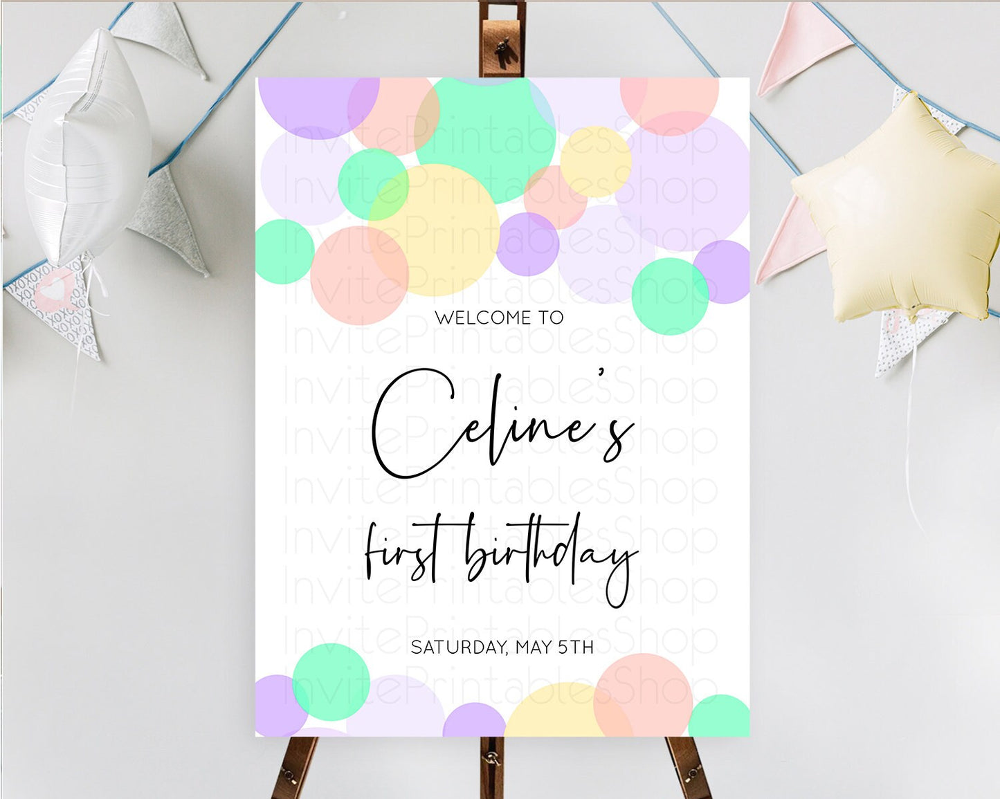 Rainbow Welcome Sign Pastel Welcome Board Pastel Rainbow Confetti Welcome Sign Colorful Bubbles Pastel First Birthday Welcome Sign D10380