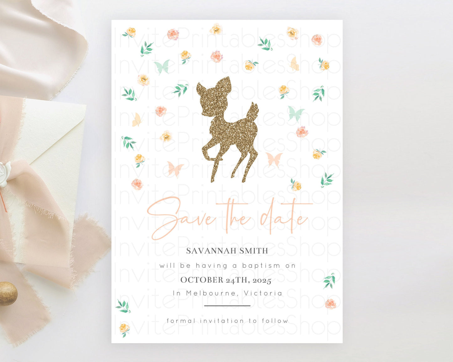 Fawn Deer Save The Date Template Pastel Floral Deer Enchanted Forest Butterfly Party 1st Birthday Baptism Baby Shower Bridal Shower D10355