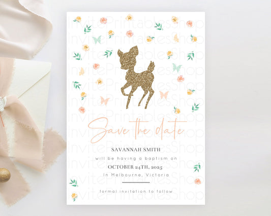 Fawn Deer Save The Date Template Pastel Floral Deer Enchanted Forest Butterfly Party 1st Birthday Baptism Baby Shower Bridal Shower D10355