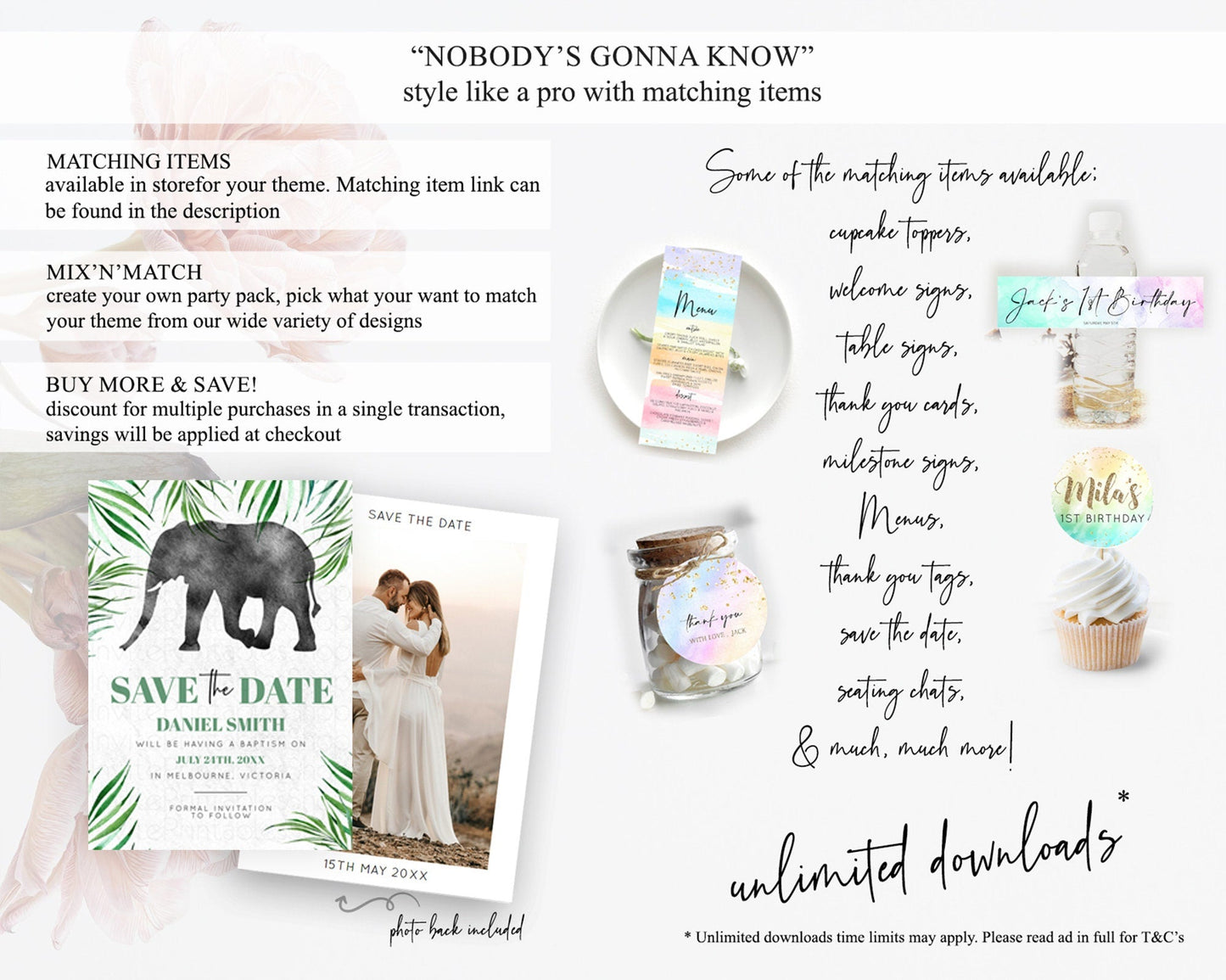 Elephant Save The Date Template Elephant Safari Adventure Party Dried Palm Fern Zoo 1st Birthday Baptism Baby Shower Bridal Shower D10842