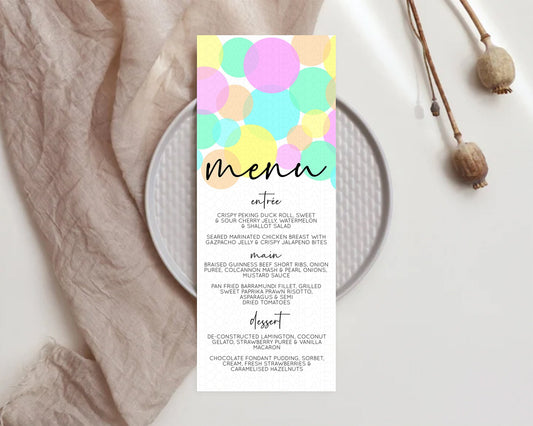 Rainbow Menu Pastel Menu Template Pastel Rainbow Table Decor Confetti Colorful Pastel Menu Confetti Menu Dinner Plate Party Decor D10409