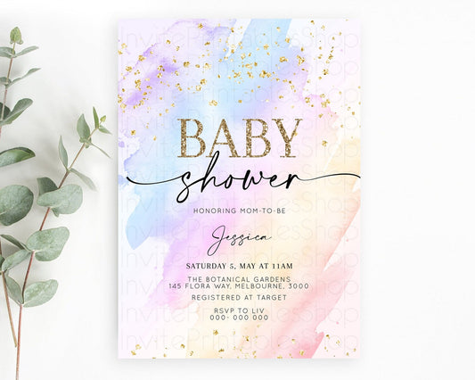 Pastel Baby Shower Invitation Rainbow Baby Shower Invitation Colorful Pastel Watercolor Invitation Gold Glitter Sprinkles Ombre D10635