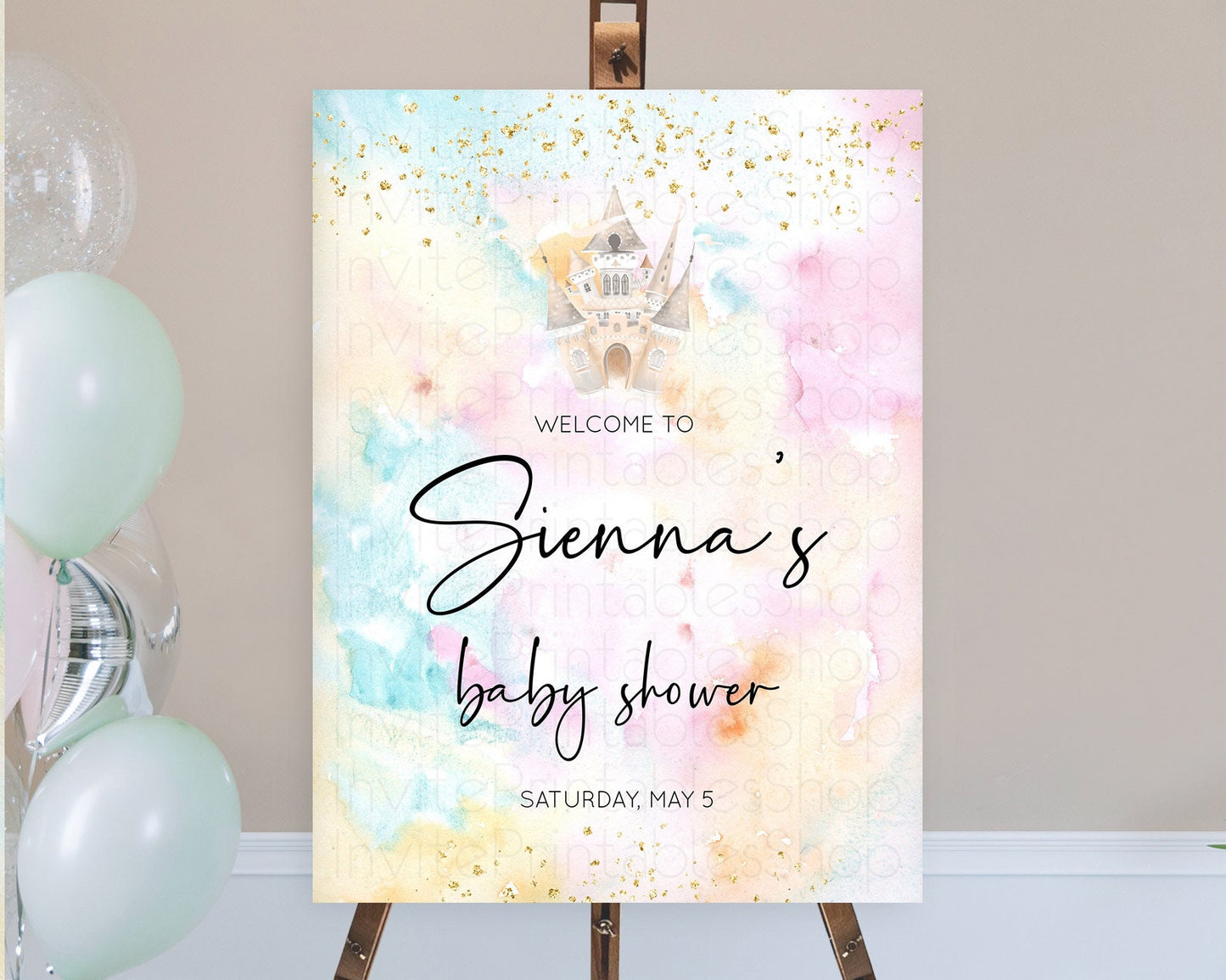 Princess Baby Shower Welcome Sign Pastel Princess Welcome Board Pastel Rainbow Colorful Enchanted Castle Watercolor Welcome Sign D11029