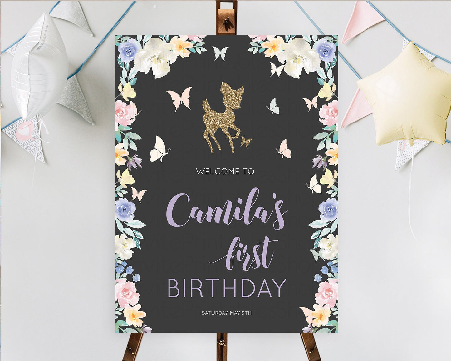 Fawn Welcome Sign Deer Welcome Board Floral Deer Welcome Poster Enchanted Forest Butterfly Pastel Floral First Birthday Welcome Sign D10880