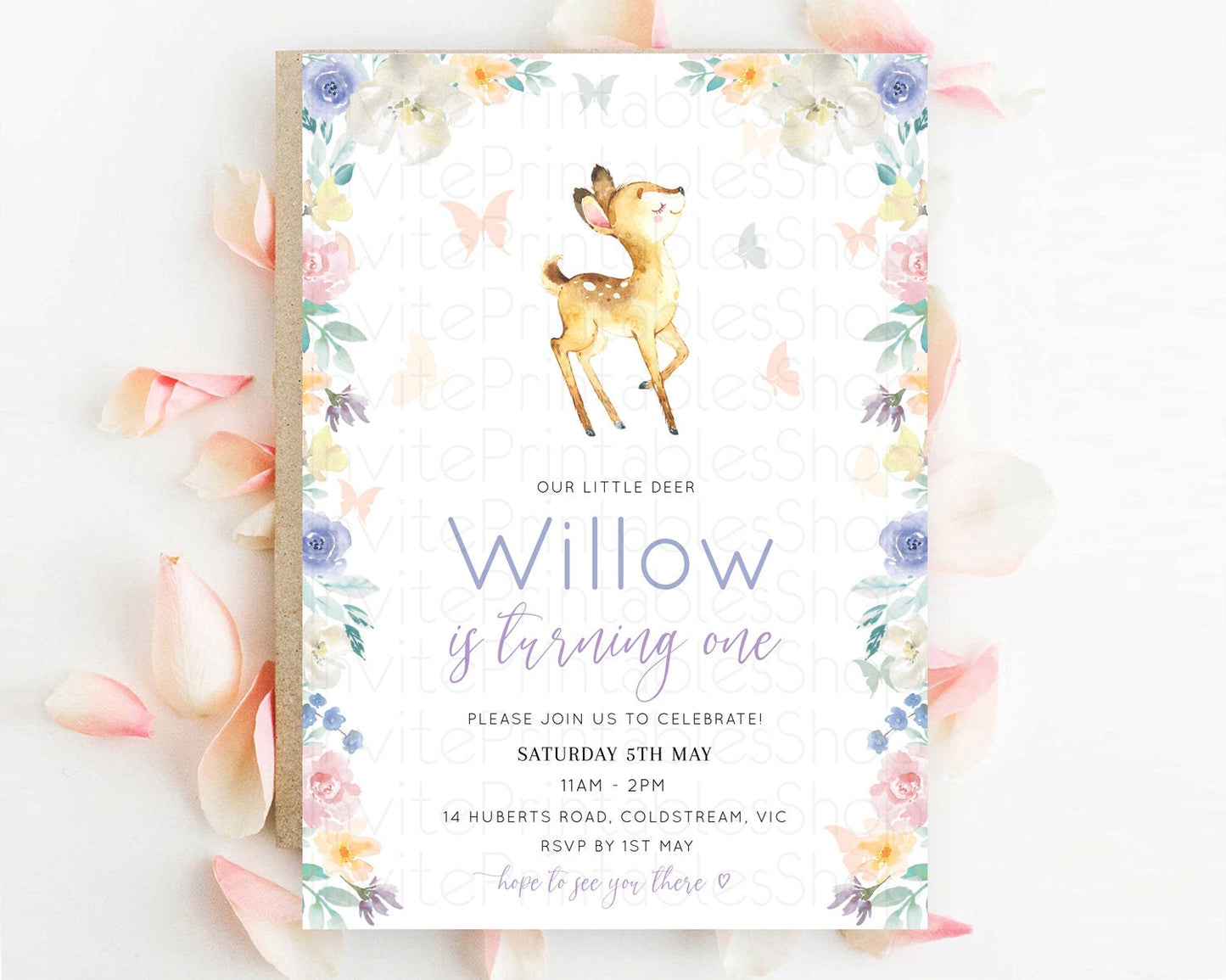 Fawn Birthday Invitation Deer Birthday Invitation Enchanted Forest Party Butterfly Pastel Flowers Whimsical 2nd 1st First Birthday D10965