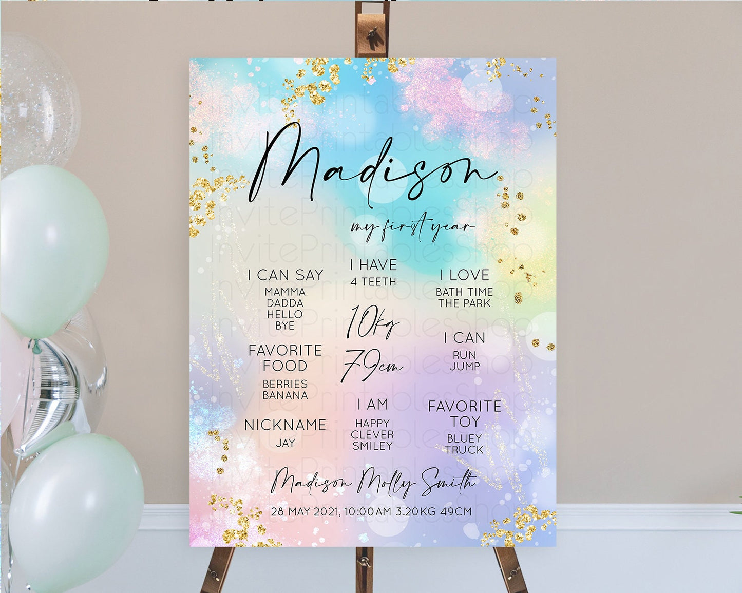 Pastel First Birthday Milestone Board Pastel Rainbow Milestone Poster Colorful Confetti Watercolor Glitter 1st Birthday Welcome Sign D10675