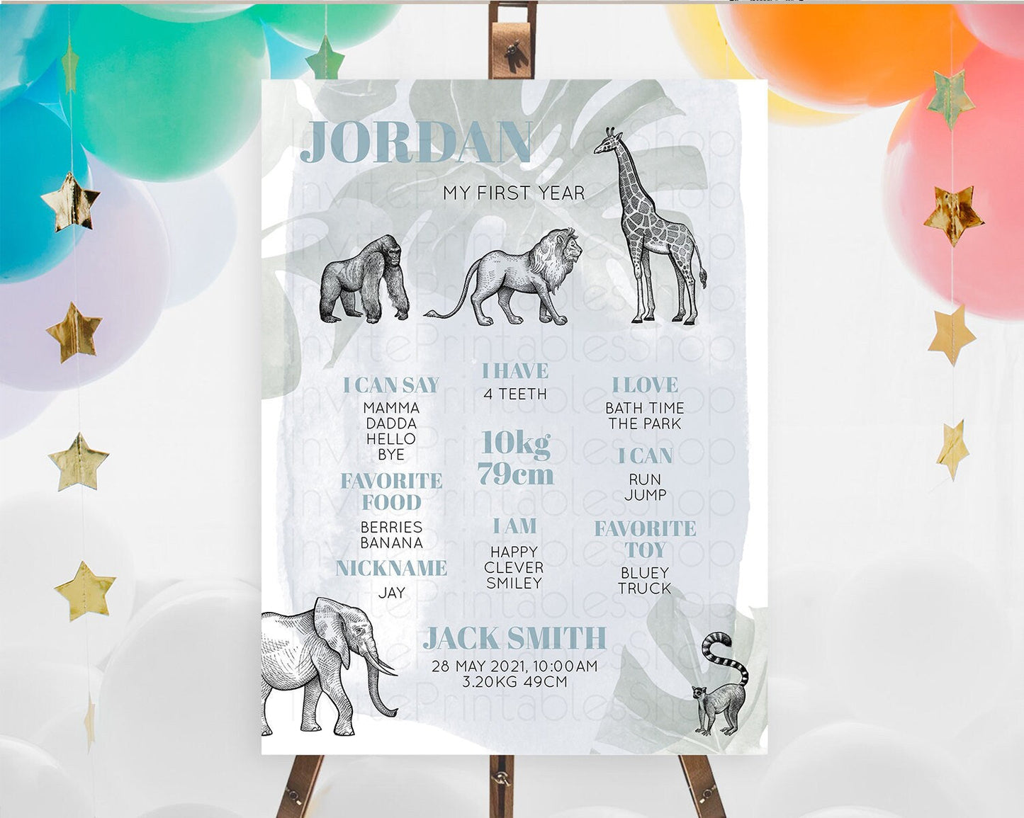 Safari First Birthday Milestone Poster Lion Gorilla Elephant Rhino Tropical Palm Jungle Zoo Party Animal 1st Birthday Welcome Sign D10821