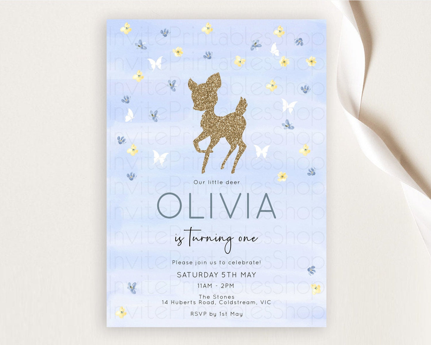 Fawn Birthday Invitation Deer Birthday Invitation Enchanted Forest Party Butterfly Pastel Flowers Whimsical 2nd 1st First Birthday D10863