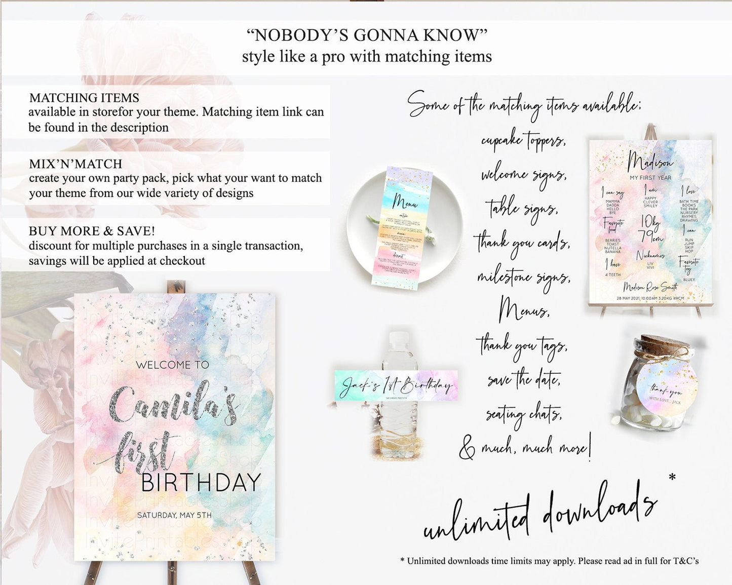 Pastel Rainbow Welcome Sign Pastel Welcome Board Pastel Colorful Party Poster Confetti Watercolor Silver First Birthday Welcome Sign D10944