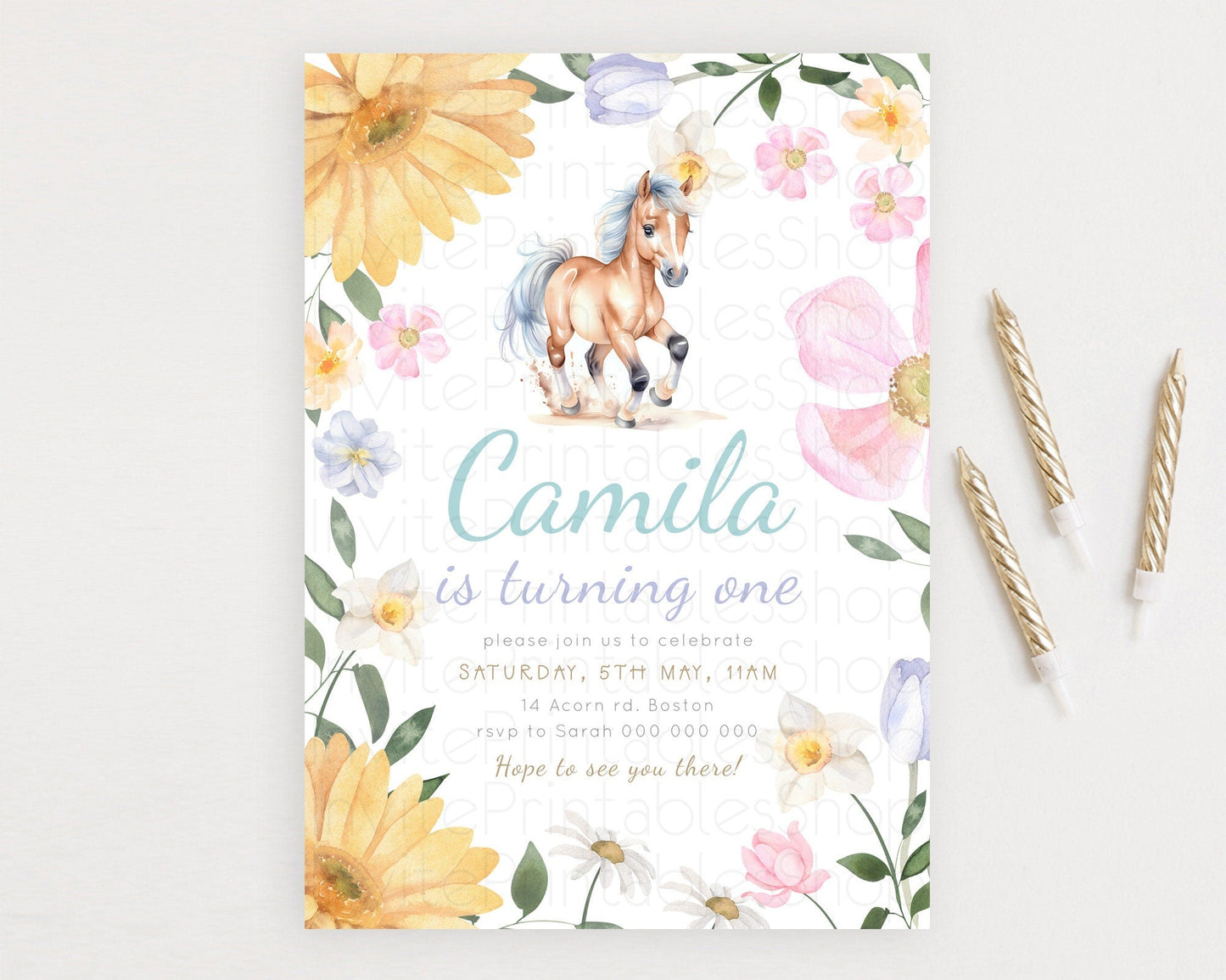 Horse Birthday Invitation, Galloping Wildflower Fields, Pastel Flowers, Butterflies, Flowers Accents for Equestrian & Cowgirls d23380