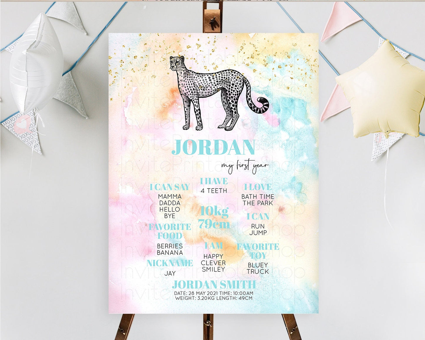 Pastel Cheetah First Birthday Milestone Board Cheetah Milestone Poster Colorful Rainbow Pastel Watercolor 1st Birthday Welcome Sign D10289