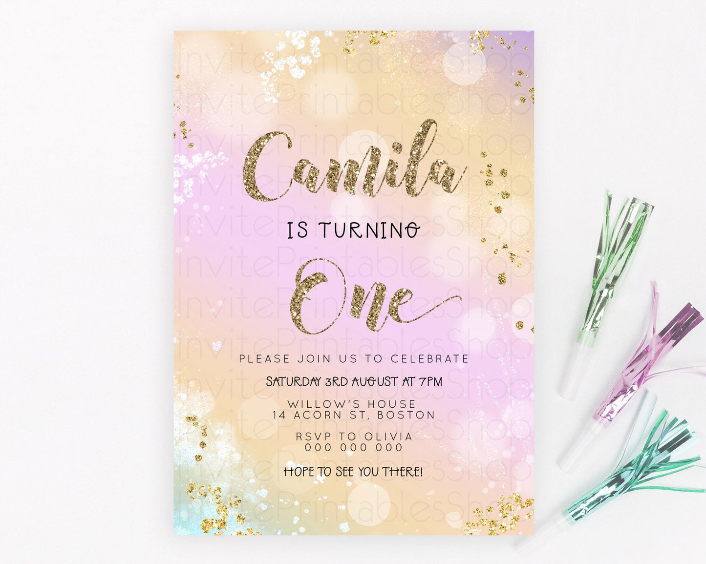 Rainbow Birthday Invitation Colorful Pastel Watercolor Invitation Gold Glitter Sprinkles Ombre Pastel 1st 2nd 3rd Birthday D23122