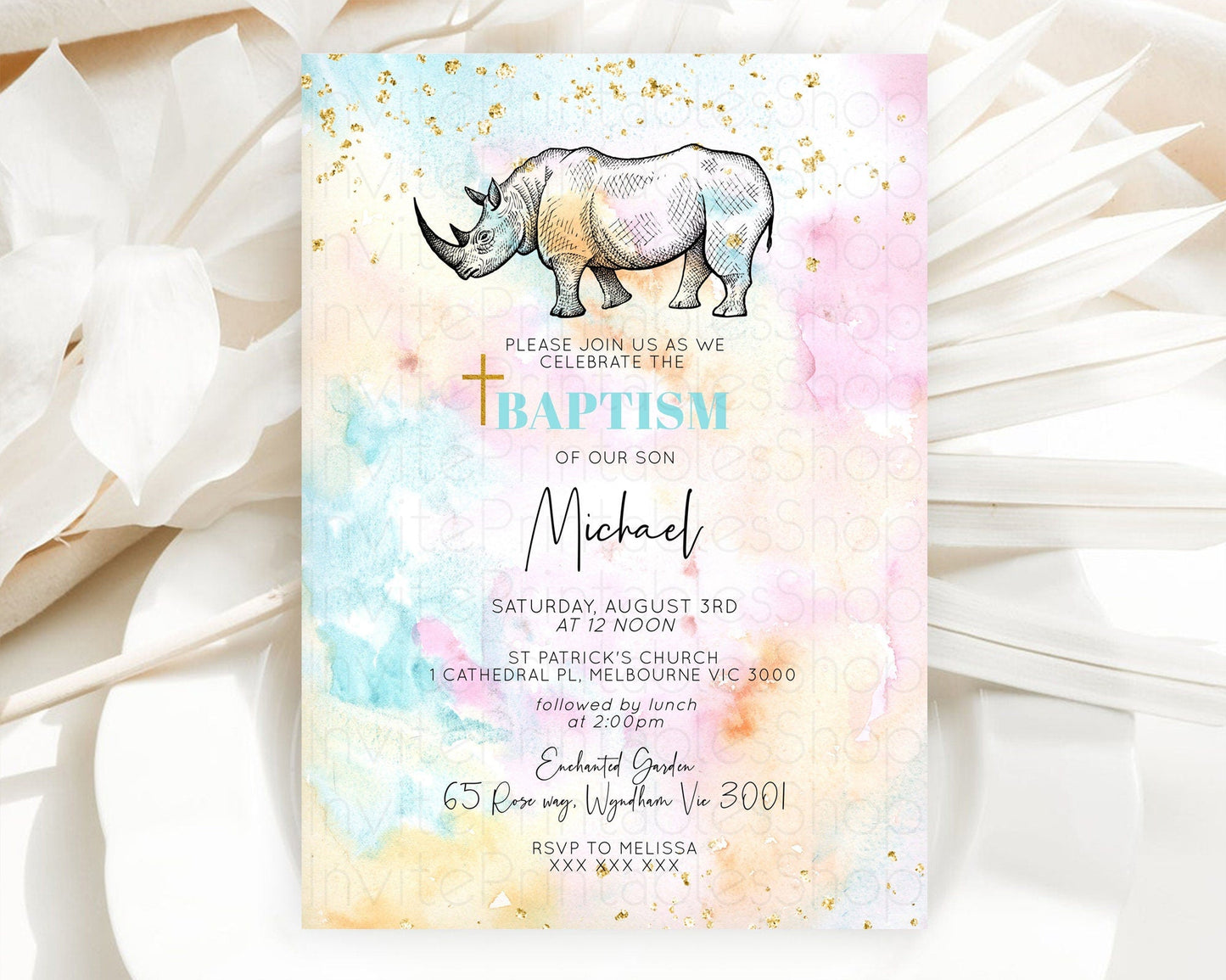 Rhino Baptism Invitation Rhino Baptism 1st Birthday Invitation Rhino Pastel Watercolor Rainbow Christening Invitation Religious D10287