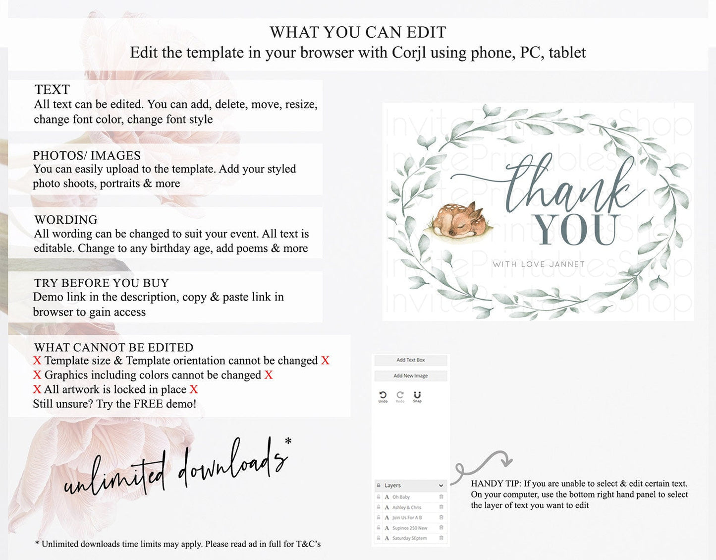 Fawn Thank You Deer Thank You Card Pastel Floral Deer Birthday Thank You Card Enchanted Forest Butterfly Deer Teacher Thank You Card D10935